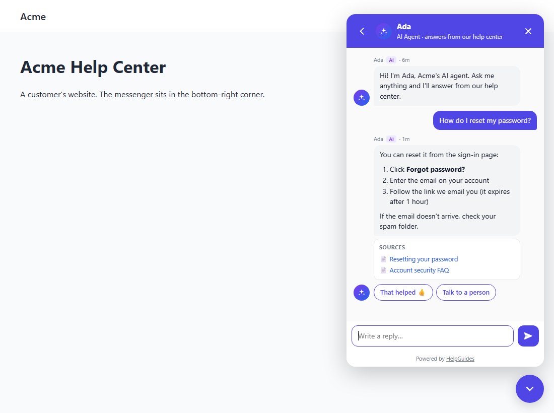 HelpGuides AI chat agent answering from documentation with sources
