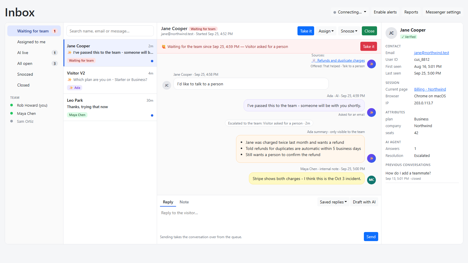 HelpGuides chat inbox for support teams