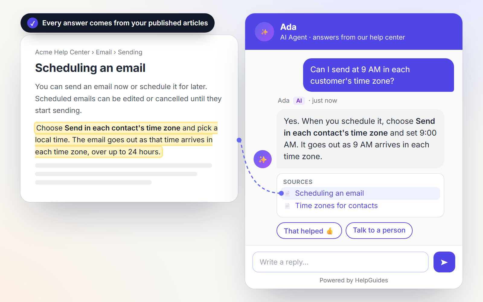 An AI answer from HelpGuides Messenger, linked to the help article it came from