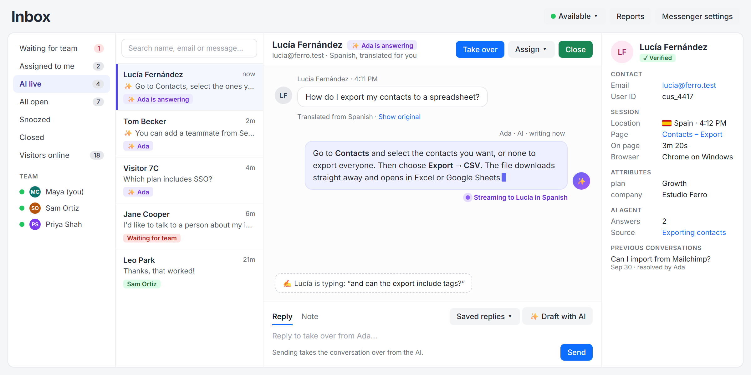 The HelpGuides inbox: the AI agent answering a customer live, with the visitor's details alongside