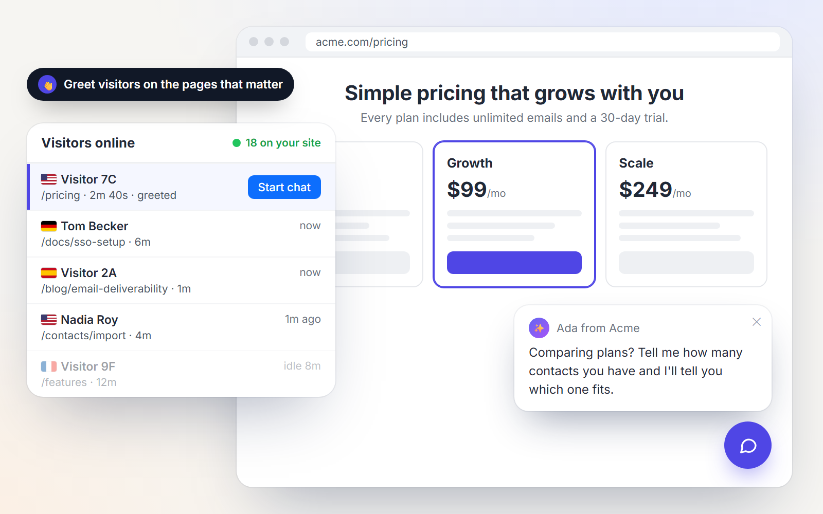 A proactive greeting on a pricing page, next to the inbox's list of visitors on the site right now